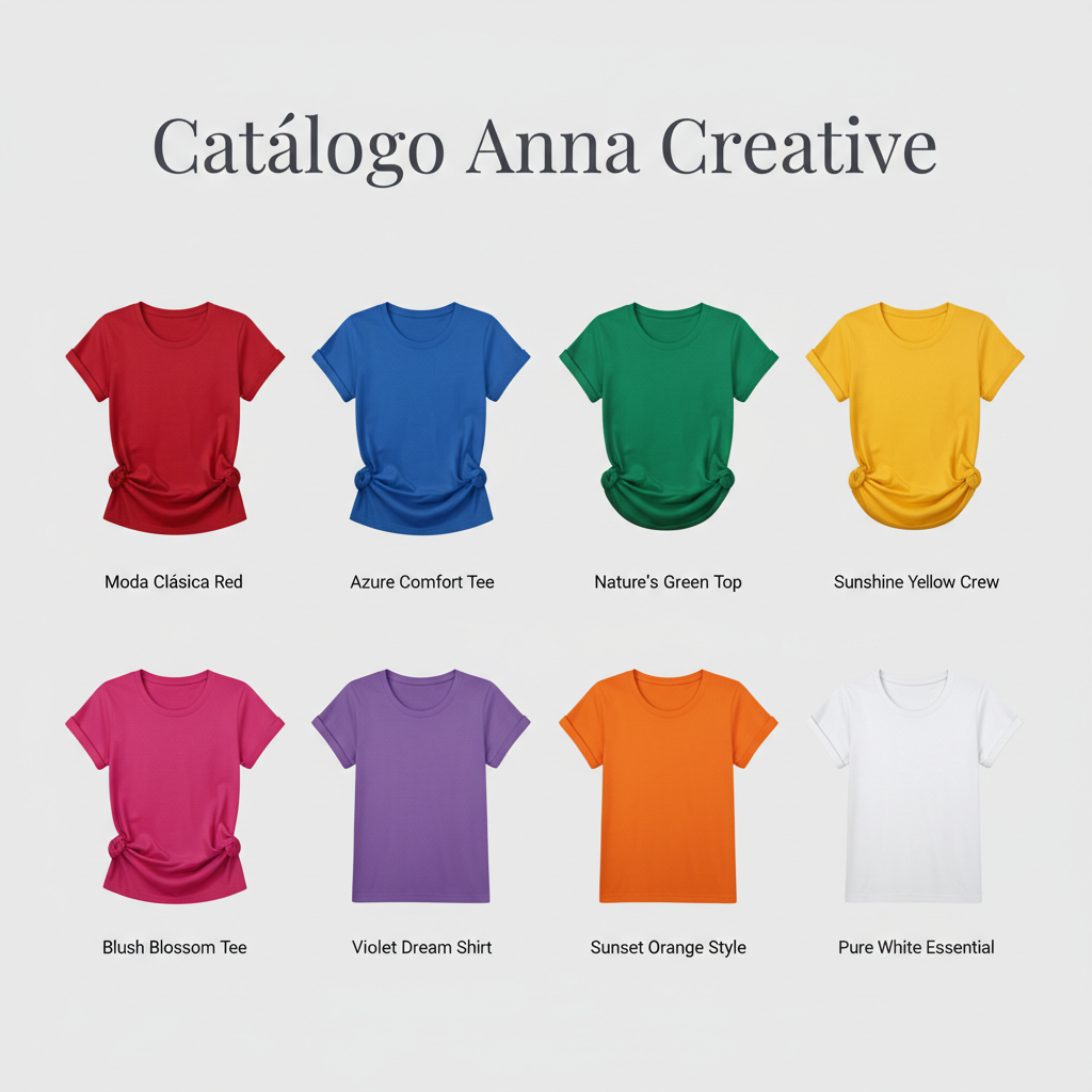 me puedes crear un catalogo de camisetas de colores y que de titulo diga Catálogo Anna Creative